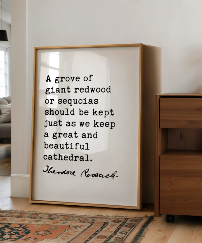 Theodore Roosevelt Quote - A grove of giant redwood or sequoias ... as we keep a great and beautiful cathedral. Art Print - Nature Lover