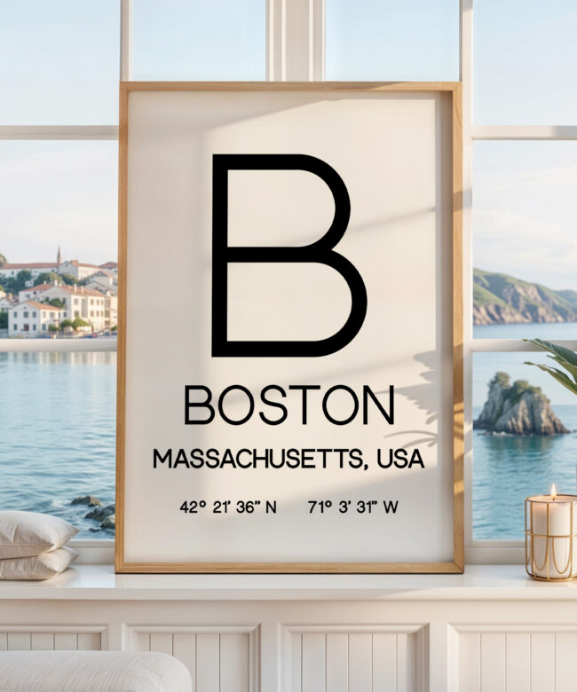 Boston Massachusetts Typography Print, Coordinates Wall Art, Modern Decor, Travel Gift