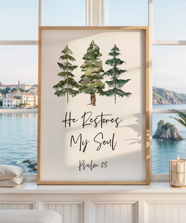He Restores My Soul • Psalm 23 • Watercolor Trees • Typography Art Print