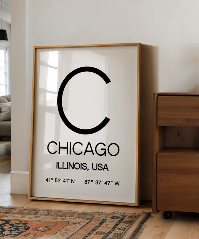 Chicago Illinois Print, Modern City Typography Decor, Minimalist Travel Art