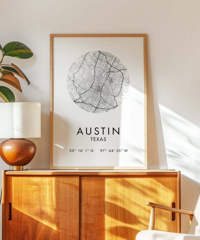 Austin Texas Street Map Print With GPS - Modern Typography Wall Decor