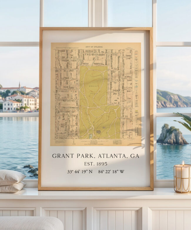 Grant Park, Atlanta, Georgia Vintage Map with GPS Coordinates Minimalist Art Print