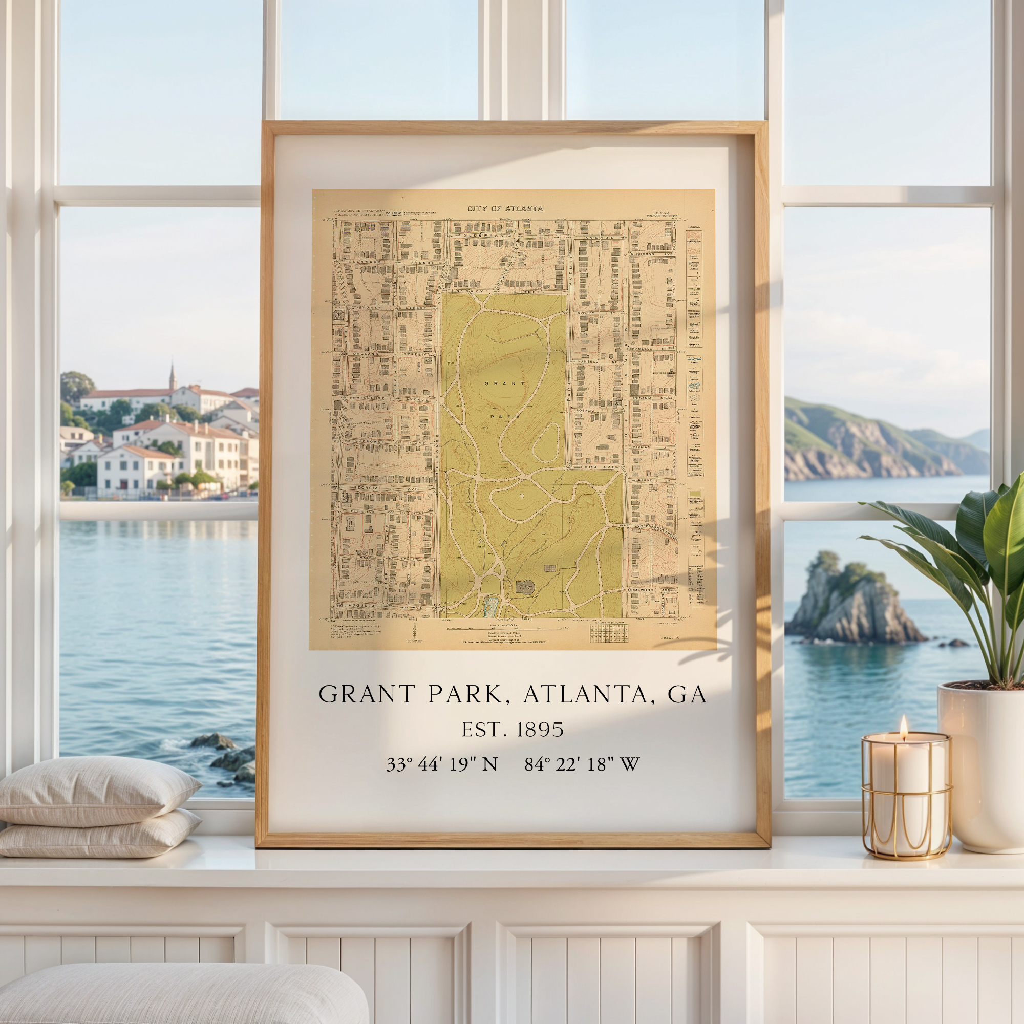 Grant Park, Atlanta, Georgia Vintage Map with GPS Coordinates Minimalist Art Print