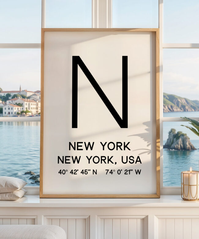New York Typography Print, NYC Minimalist Wall Art, GPS Coordinates