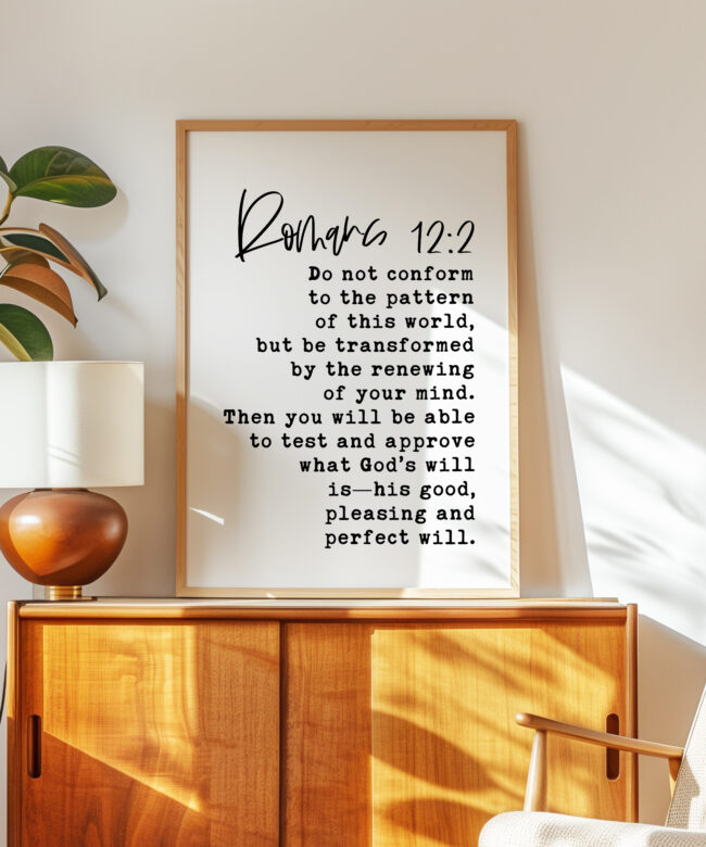 Romans 12:2 Scripture Art Print, Christian Typography Wall Art