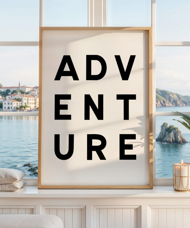 Adventure Typography Wall Art, Minimalist Black and White, Modern Travel Decor Print