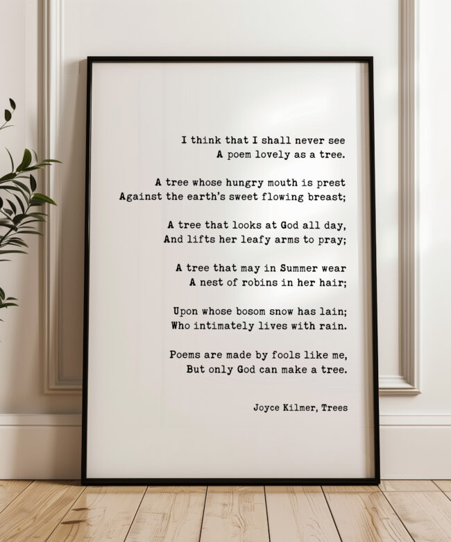 Joyce Kilmer Trees Poem Print, Literary Wall Art, Nature Poetry, Minimalist Typography Decor