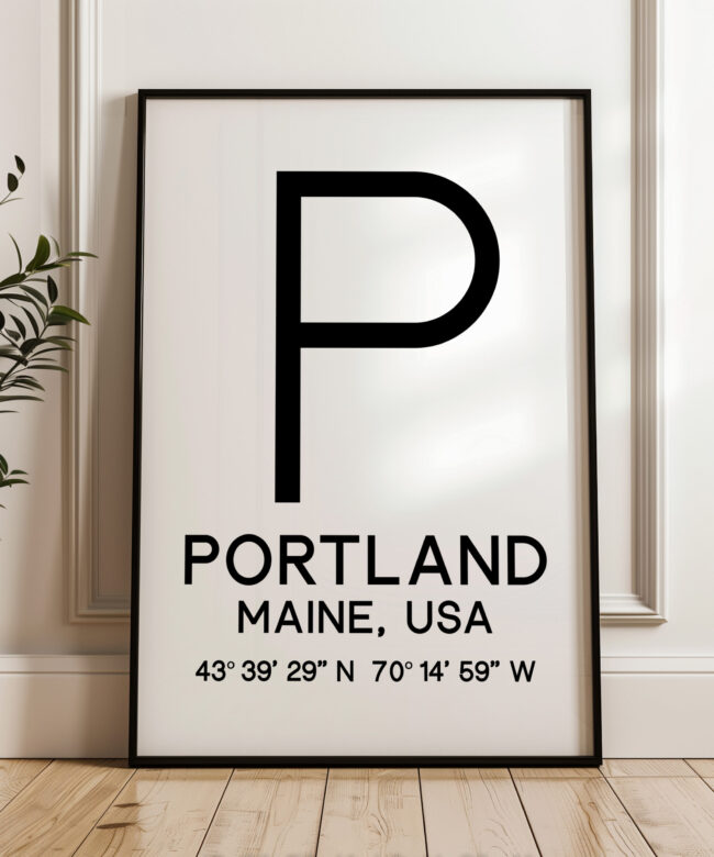 Portland, Maine with GPS Coordinates Typography Art Print • Minimalist Wall Art