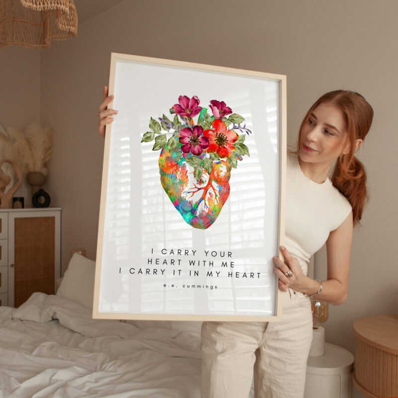 I Carry Your Heart With Me I Carry It In My Heart • E.E. Cummings Quote with Heart Flowers • Typography Art Print - Image 3