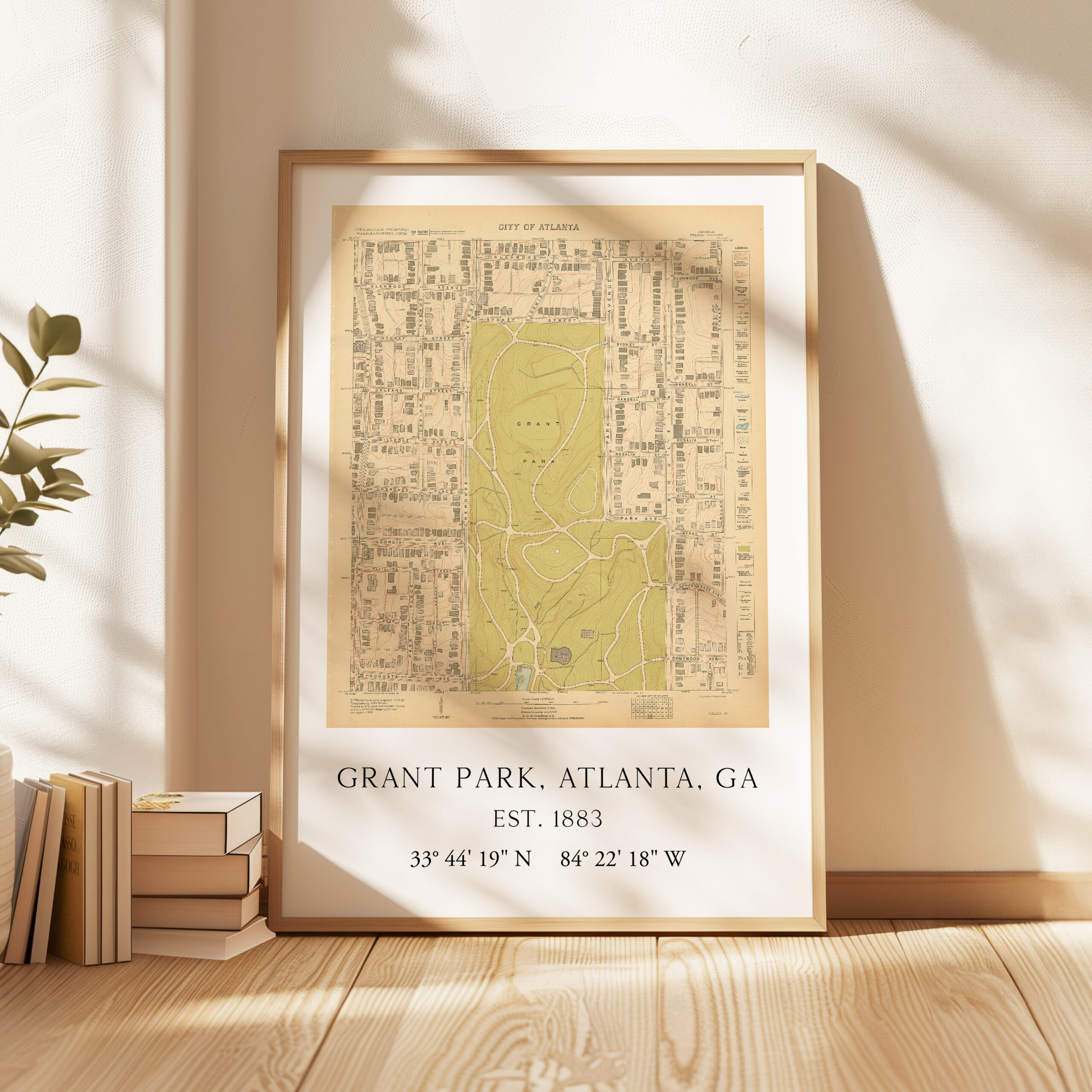 Grant Park, Atlanta, Georgia Vintage Map with GPS Coordinates Minimalist Art Print