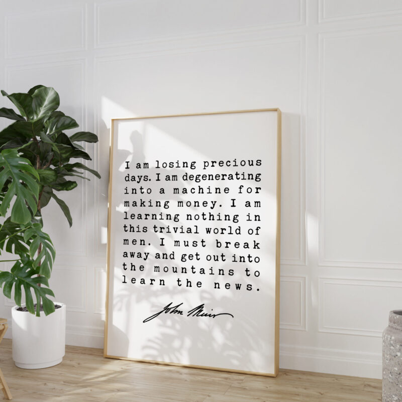 I am losing precious days. I am degenerating into a machine for making money. - John Muir Quote Art Print - Image 5
