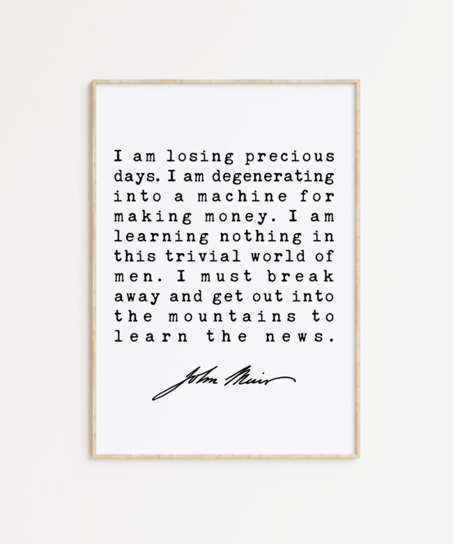 I am losing precious days. I am degenerating into a machine for making money. - John Muir Quote Art Print