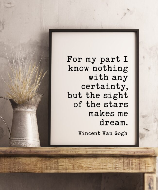 Van Gogh Quotes - For my part I know nothing with any certainty.... makes me Dream - Print - Home Wall Decor - White and Black - Minimalist