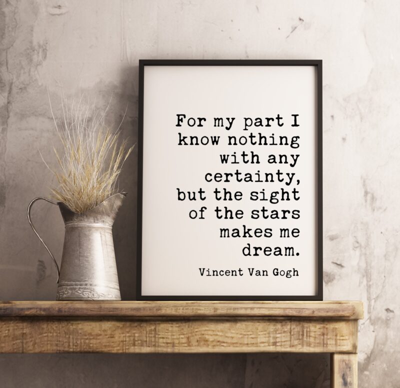 Van Gogh Quotes - For my part I know nothing with any certainty.... makes me Dream - Print - Home Wall Decor - White and Black - Minimalist