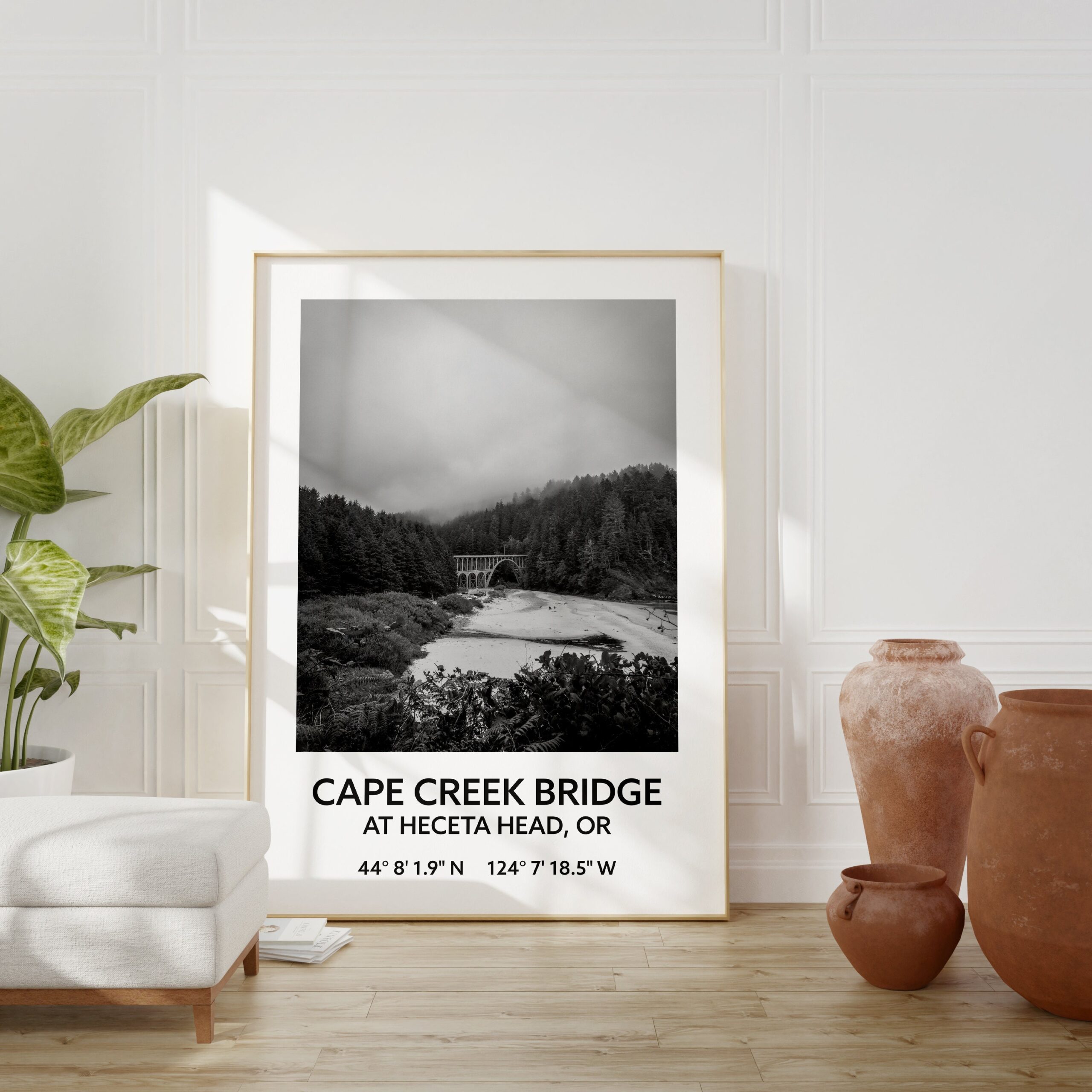 Cape Creek Bridge At Heceta Head, Oregon with GPS Coordinates Black & White Art Print - Travel - Oregon - Hwy 101 - Oregon Coast - Image 2