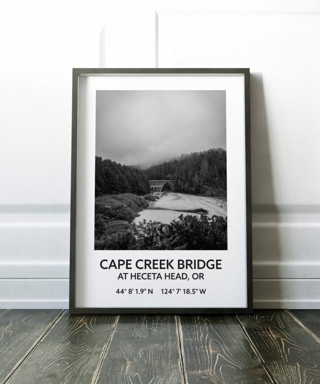 Cape Creek Bridge At Heceta Head, Oregon with GPS Coordinates Black & White Art Print - Travel - Oregon - Hwy 101 - Oregon Coast