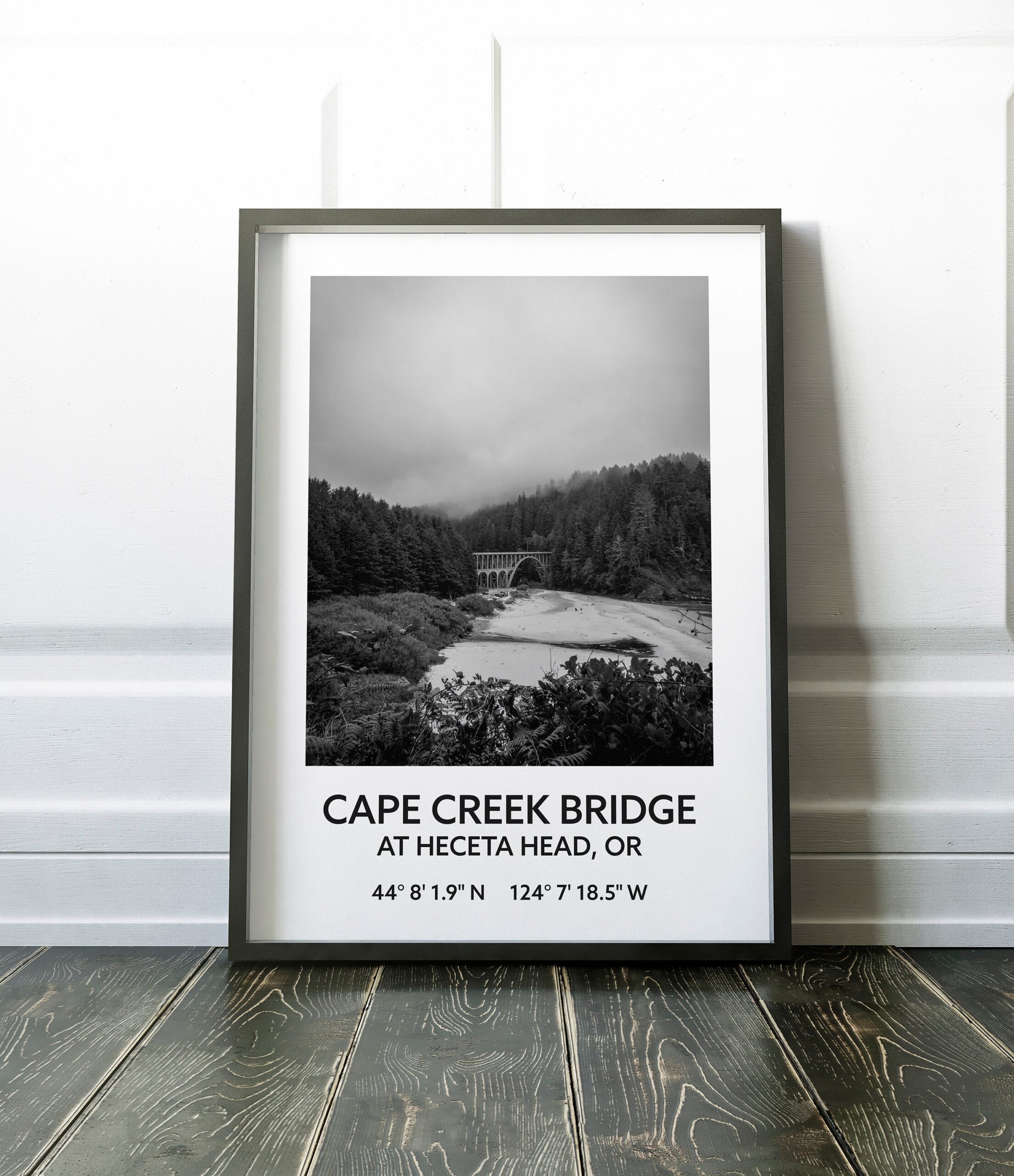 Cape Creek Bridge At Heceta Head, Oregon with GPS Coordinates Black & White Art Print - Travel - Oregon - Hwy 101 - Oregon Coast