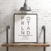 Portland Oregon Vertical Letters with GPS Coordinates Typography Art Print - Office - Home Decor - Restaurant - Apartment - Condo