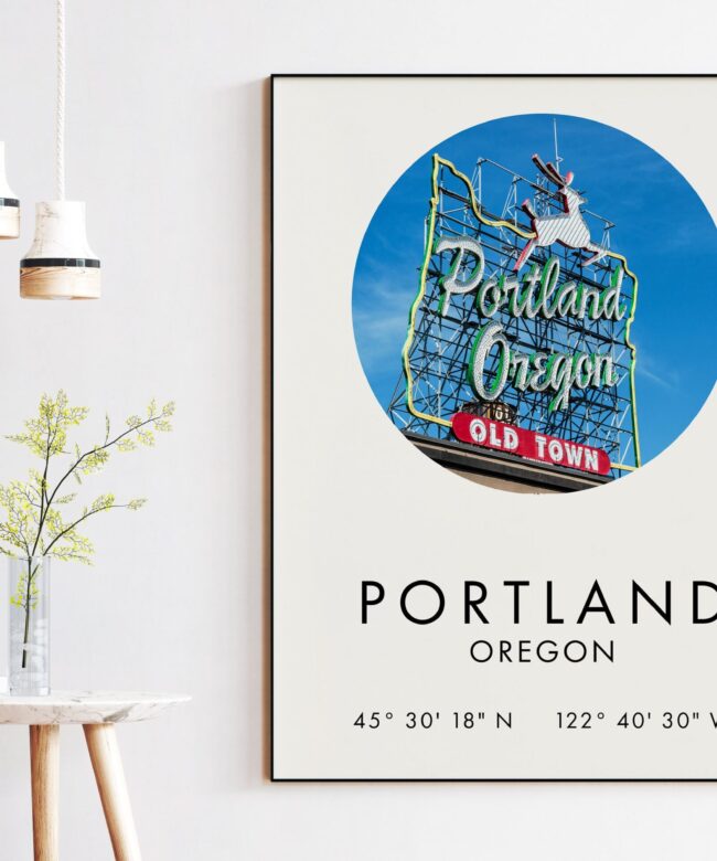 Portland Oregon Print with White Stag Sign and GPS Coordinates - Portland Oregon Wall Art - Portland Oregon Sign - Portland Art Print