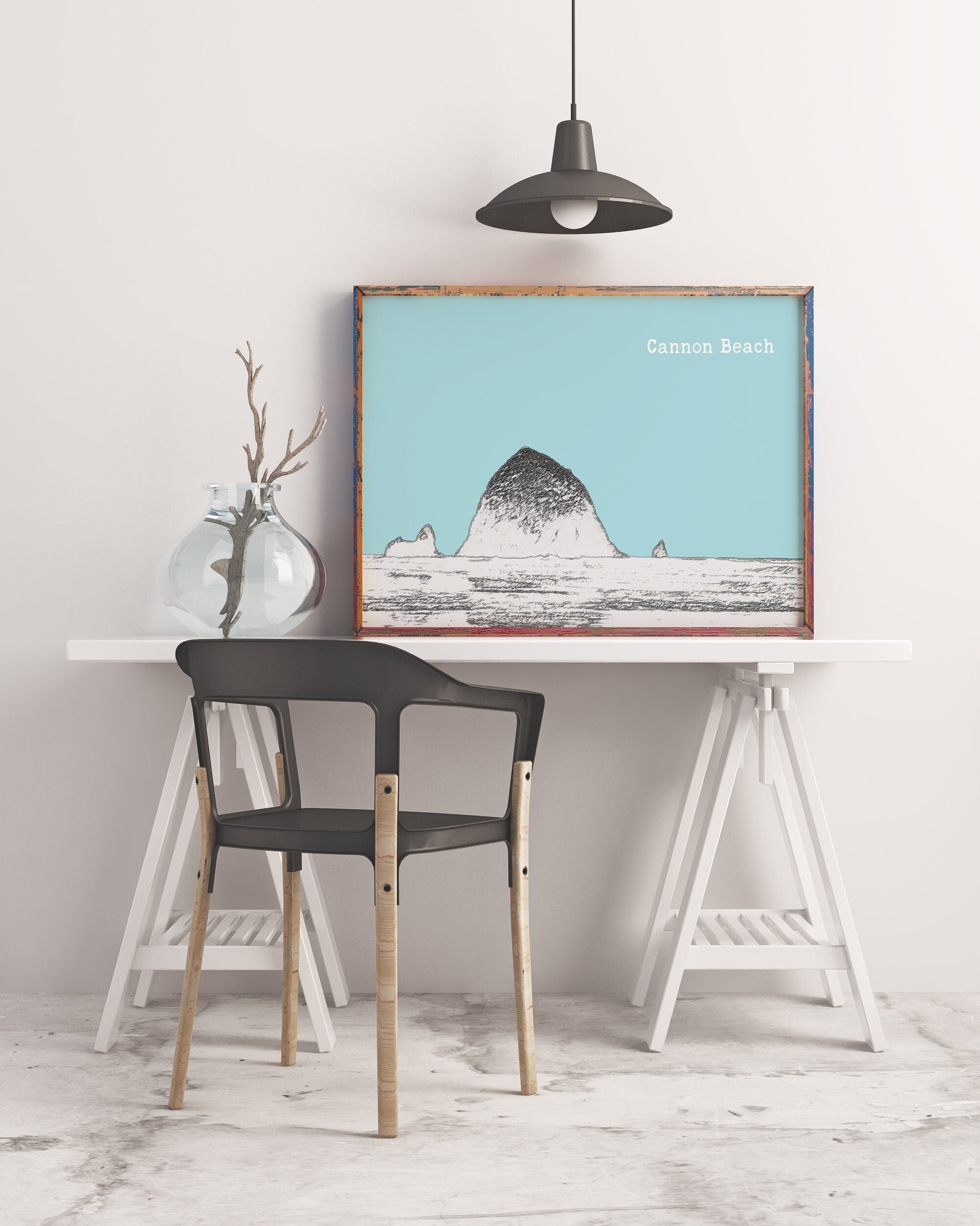 Cannon Beach Oregon Vintage Design Minimalist Art Print - Oregon Coast Art - Cannon Beach Art- Haystack Rock