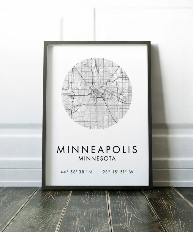 Minneapolis, Minnesota City Street Map with GPS Coordinates Art Print - Office - Home Decor - Restaurant - Apartment - Condo - Typography