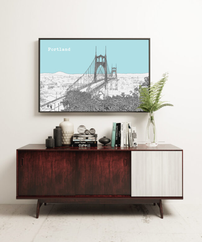 St. John's Bridge - Portland Oregon - Skyline Vintage Design Minimalist Art Print – St. John's Poster Art Print - Portland Oregon Print