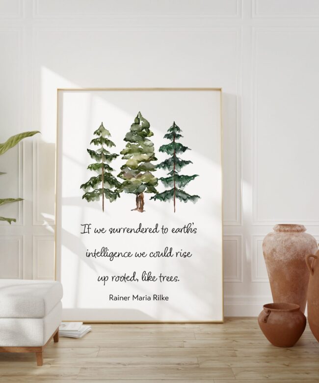 Rainer Maria Rilke Quote - If we surrendered to earth’s intelligence we could rise up rooted, like trees. Typography Watercolor Art Print -