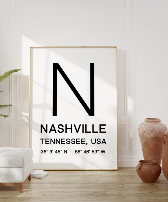 Nashville Tennessee with GPS Coordinates Typography Print - Home Wall Decor - Minimalist Decor - Office Decor - Living Room - Dorm Decor