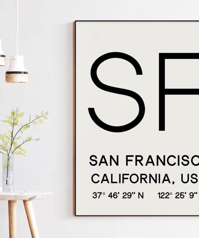 San Francisco, California with GPS Coordinates Typography Art Print - Office - Home Decor - Restaurant - Apartment - Condo