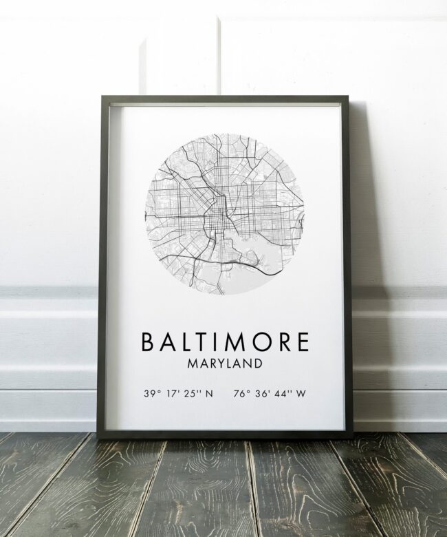 Baltimore, Maryland City Street Map with GPS Coordinates Art Print - Office - Home Decor - Restaurant - Apartment - Condo - Typography