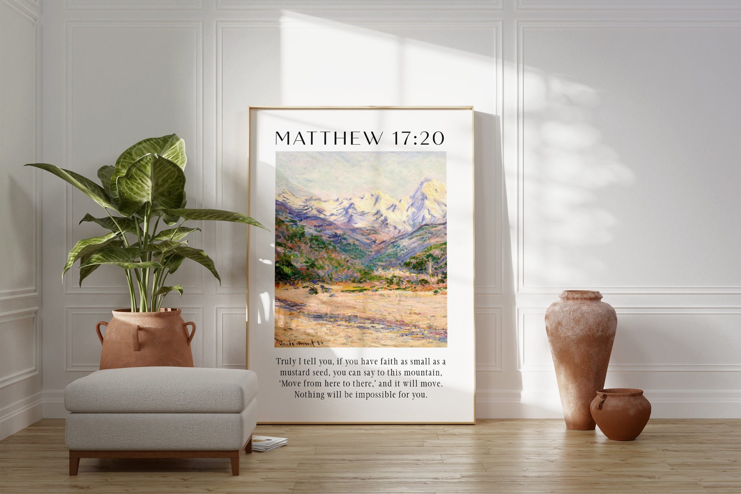 Matthew 17:20 Faith as Small as a Mustard Seed Art Print with Claude Monet The Valley of the Nervia Painting - Bible Verse - Christian