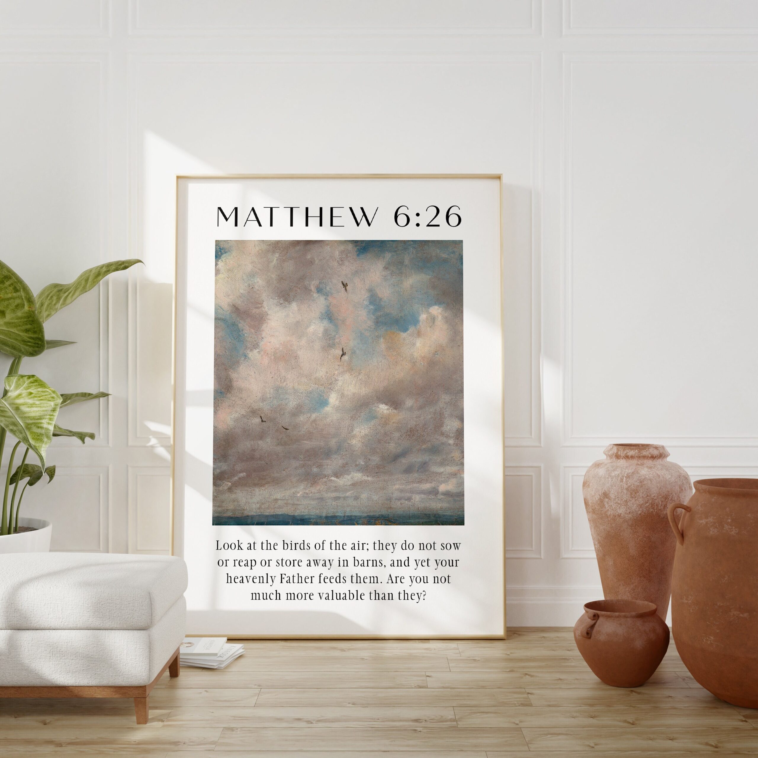 Matthew 6:26 - Look at the birds of the air; they do not sow or reap or store away in barns. Typography Art Print - John Constable