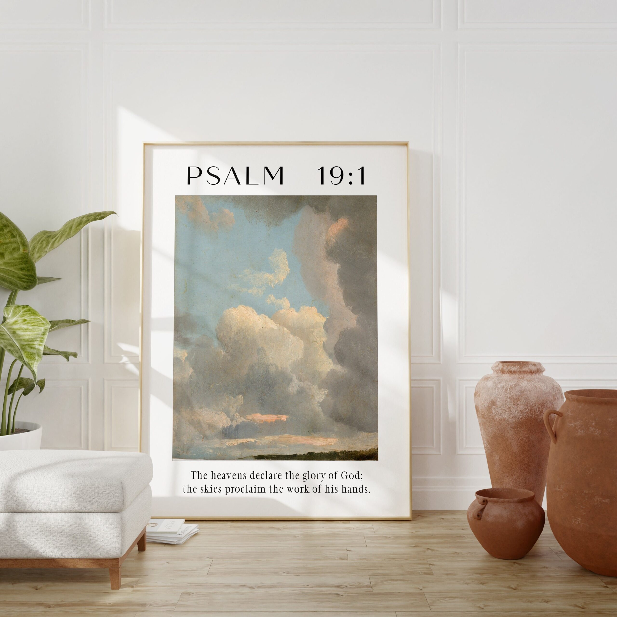 Psalm 19:1 The heavens declare the glory of God. Typography Art Print - Typography - Christian - Scripture - Cloud Study John Constable