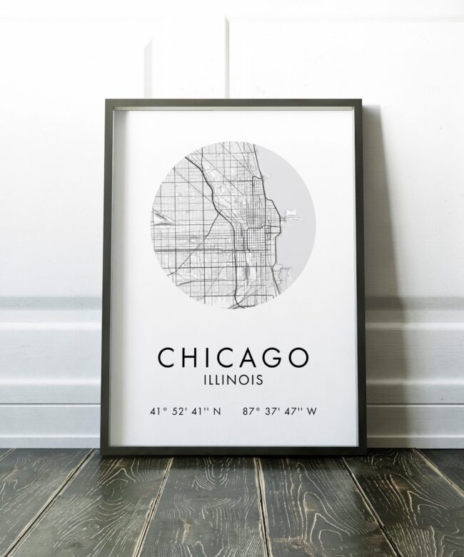 Chicago, Illinois City Street Map with GPS Coordinates Art Print - Office - Home Decor - Restaurant - Apartment - Condo - Typography