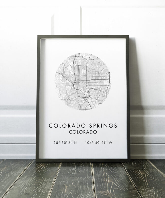 Colorado Springs, Colorado City Street Map with GPS Coordinates Art Print - Office - Home Decor - Restaurant - Apartment - Condo