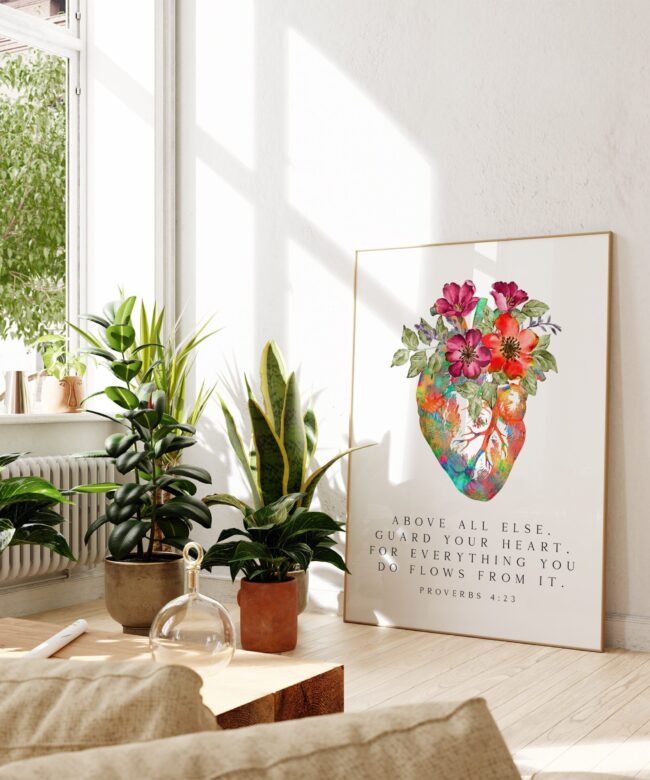 Proverbs 4:23 - Above all else, guard your heart, for everything you do flows from it. Typography Art Print with Heart Flowers