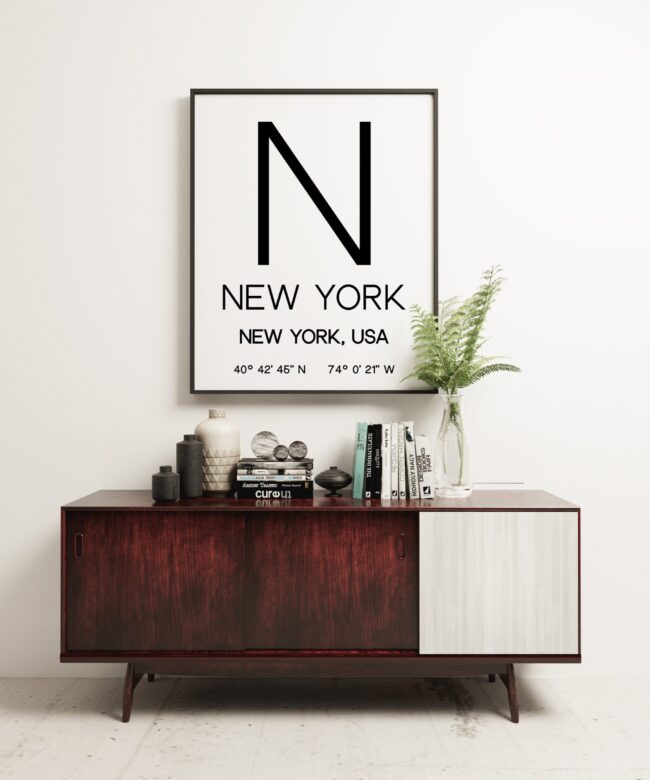 New York New York with GPS Coordinates Art Print - Office - Home Decor - Restaurant - Apartment - Condo - Typography