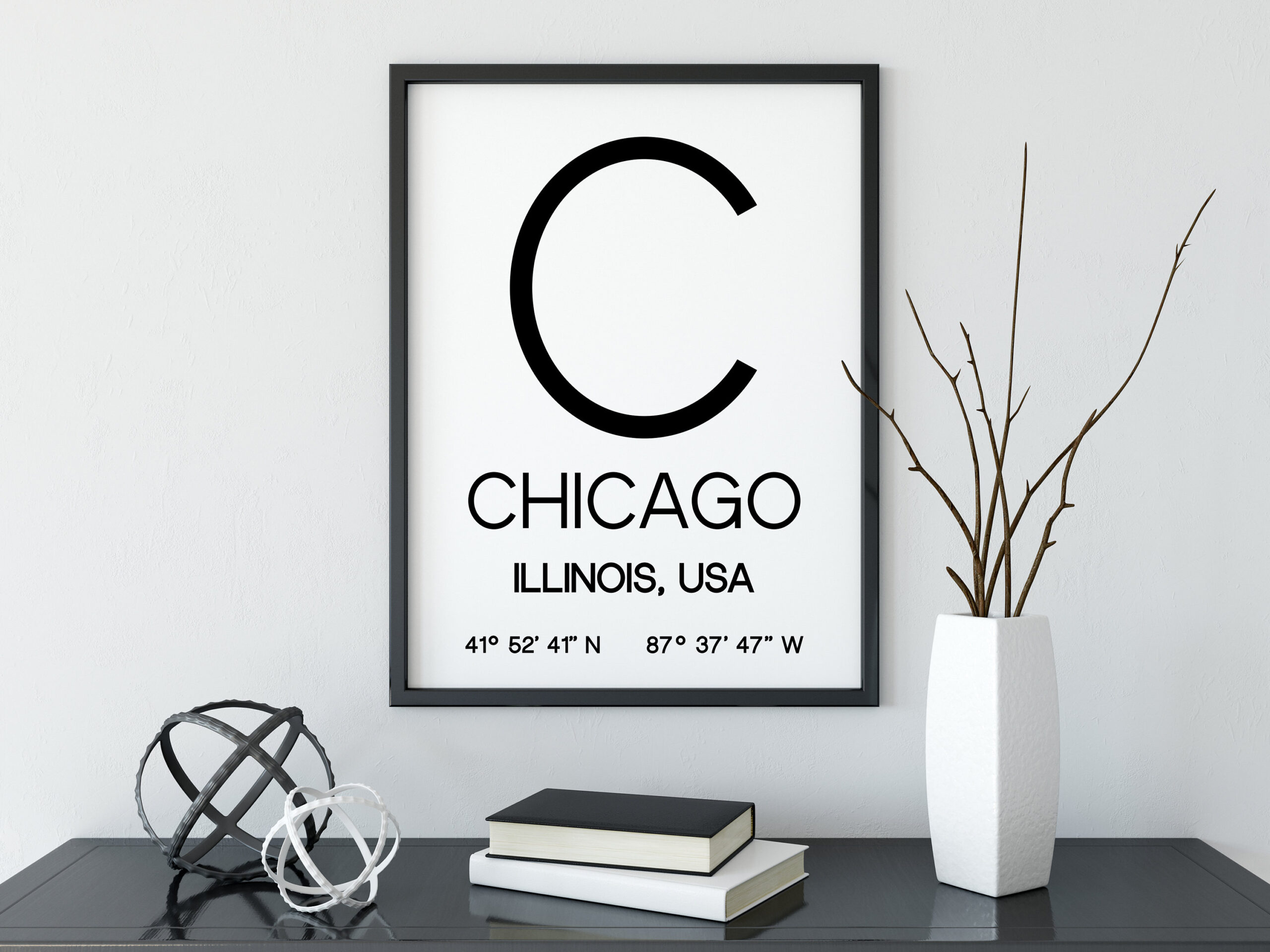 Chicago Illinois with GPS Coordinates Minimalist Art Print - Office - Home Decor - Restaurant - Apartment - Condo - Typography - Image 2