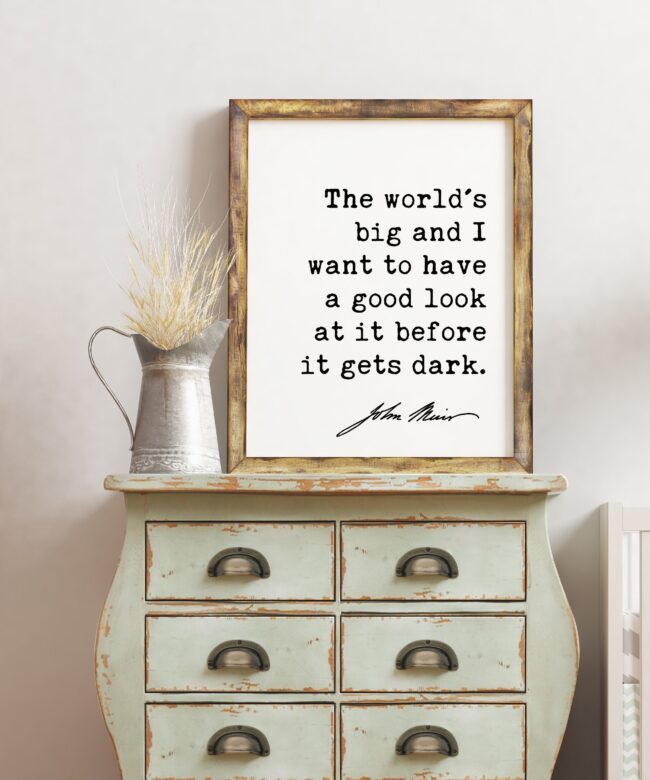 The world's big and I want to have a good look at it before it gets dark. - John Muir Quote Print, Environmentalist Quote,  John Muir Quotes