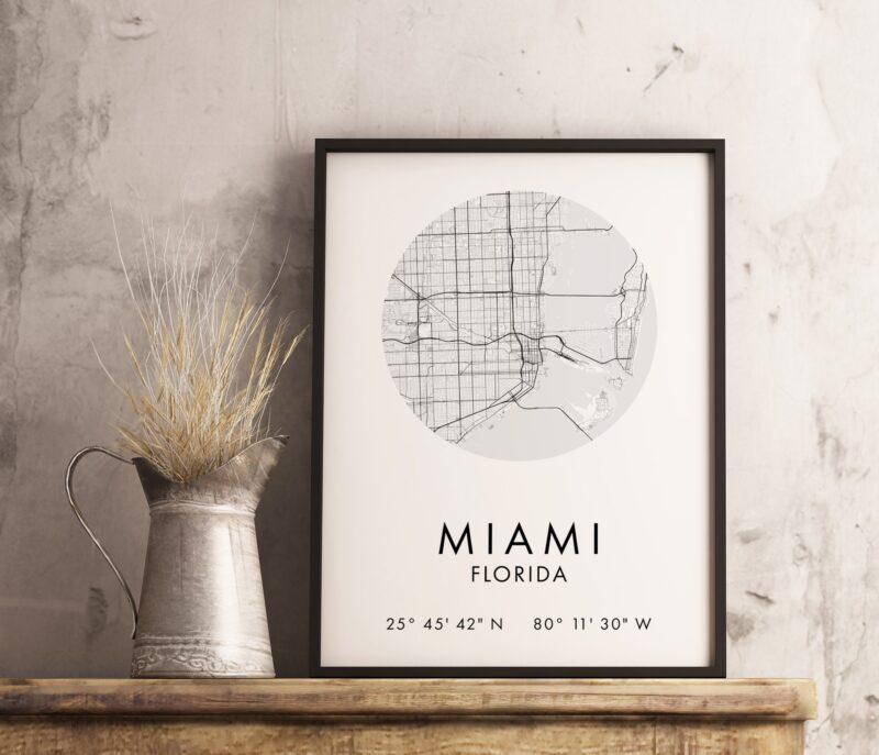 Miami Florida City Street Map with GPS Coordinates Art Print - Office - Home Decor - Restaurant - Apartment - Condo - Typography - Image 3