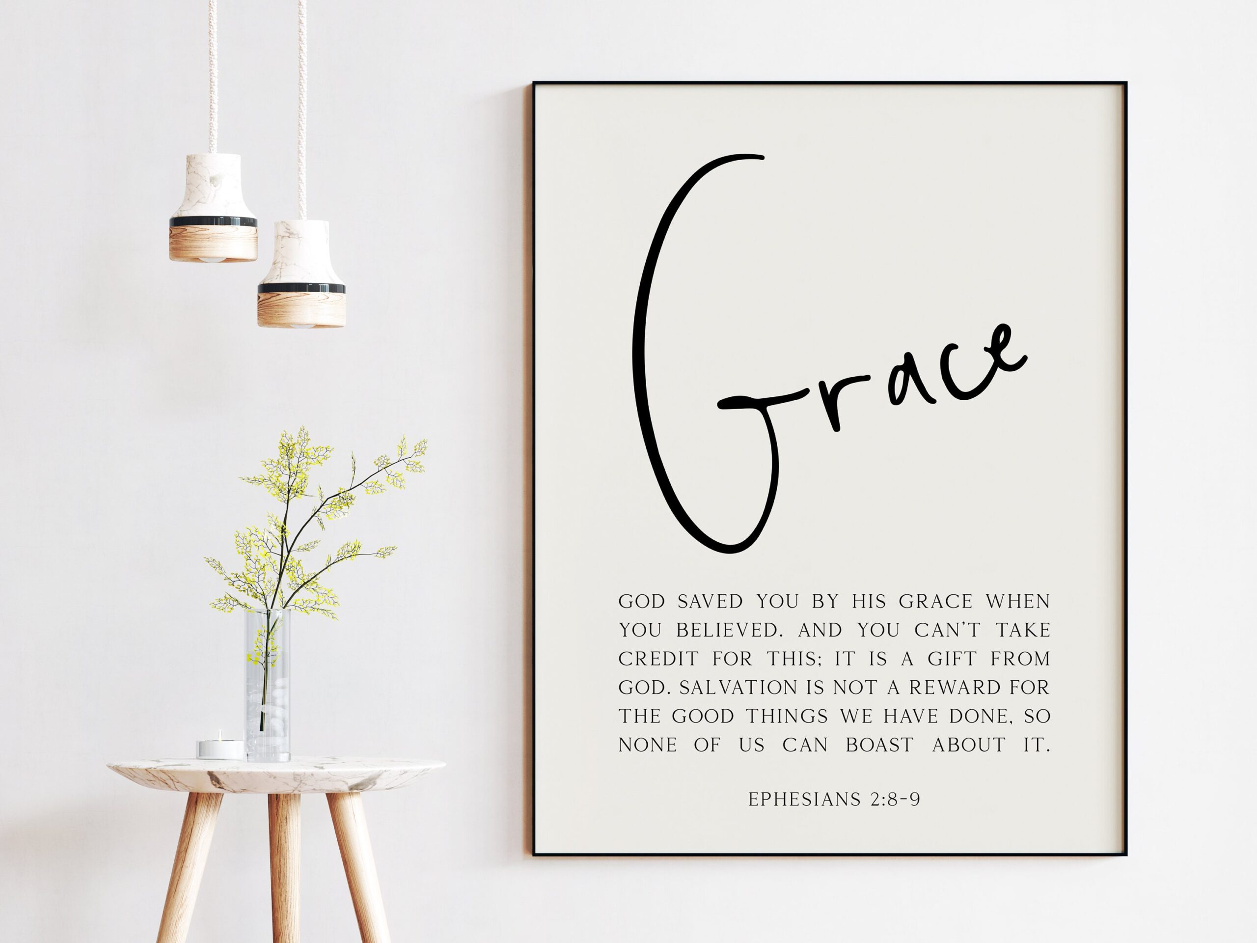 Ephesians 2:8–9 God saved you by his grace when you believed. Typography Art Print - Religious Scripture - Gift Idea - Christian Verse - Image 3