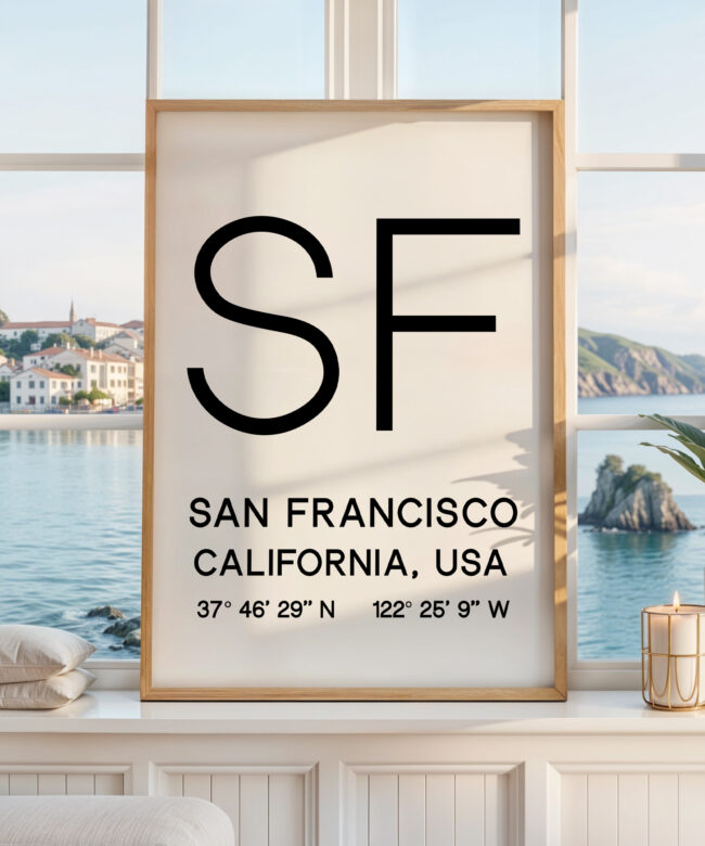 San Francisco Wall Art, SF Typography Print, California, GPS Coordinates, Travel Decor, Housewarming Gift