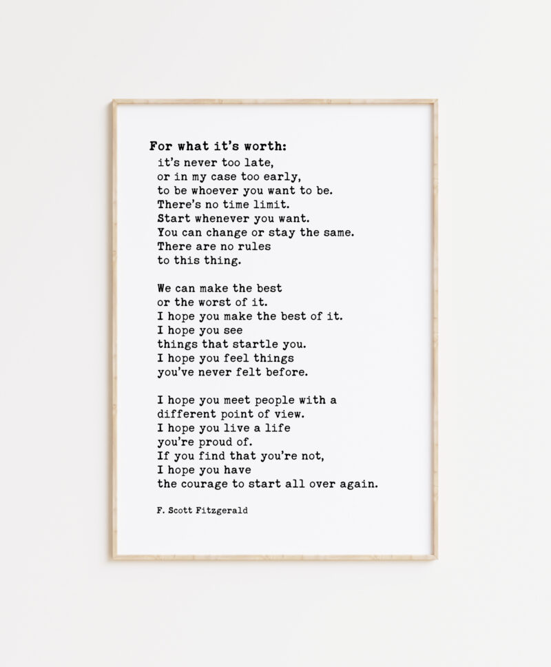 F. Scott Fitzgerald Quote - For What It's Worth It's Never Too Late Typography Art