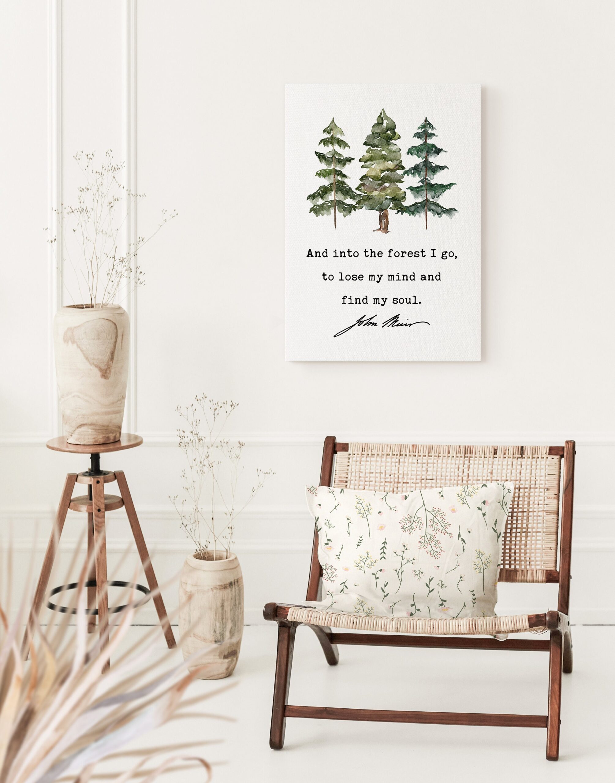 John Muir Quote - And into the forest I go, to lose my mind and find my soul. Low Profile Mounted Canvas Art Print with Watercolor Trees - Image 2