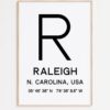 Raleigh North Carolina with GPS Coordinates Minimalist Typography Art Print