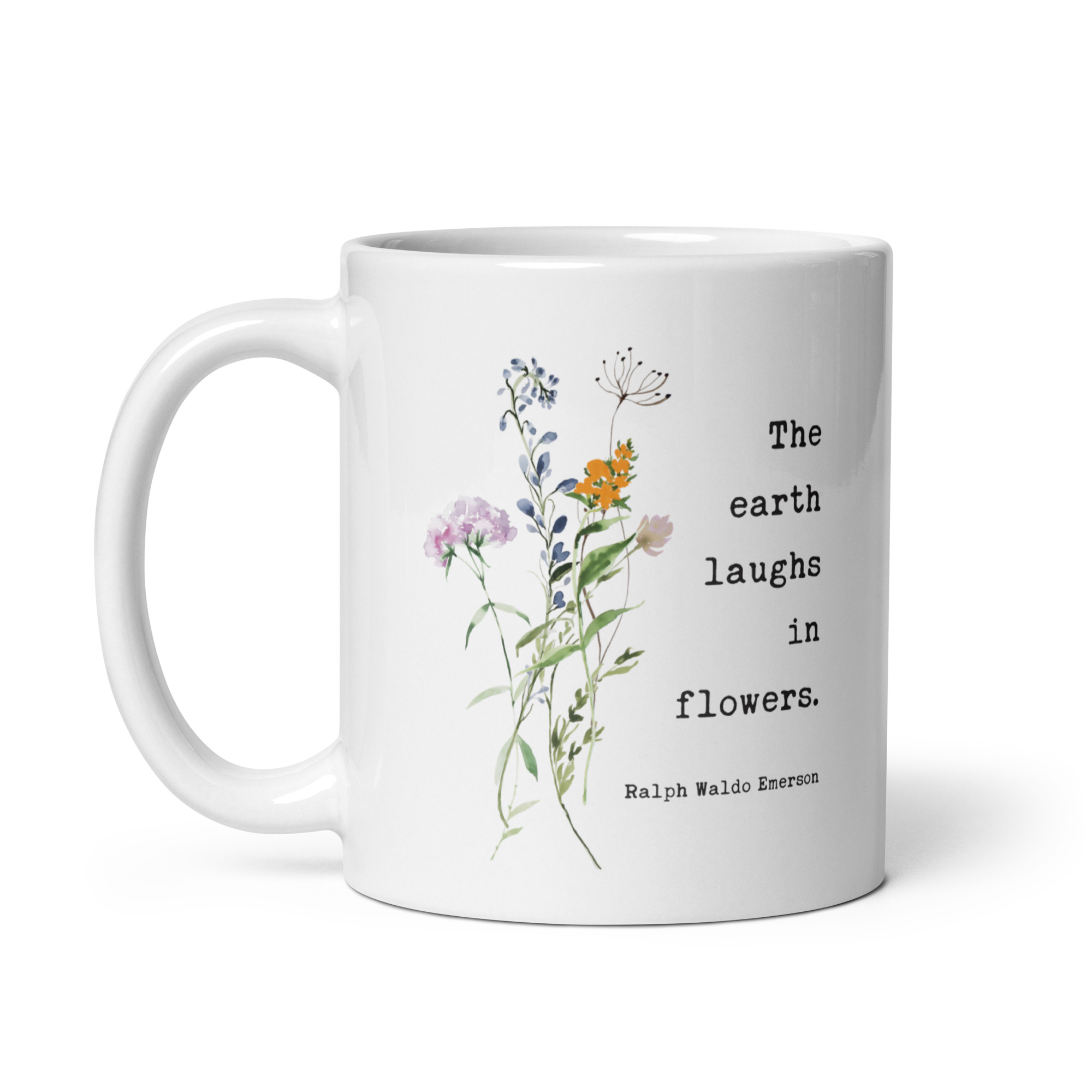 Ralph Waldo Emerson Quote – The Earth Laughs In Flowers Coffee Tea Mug featuring a bouquet of wildflowers. - Image 3