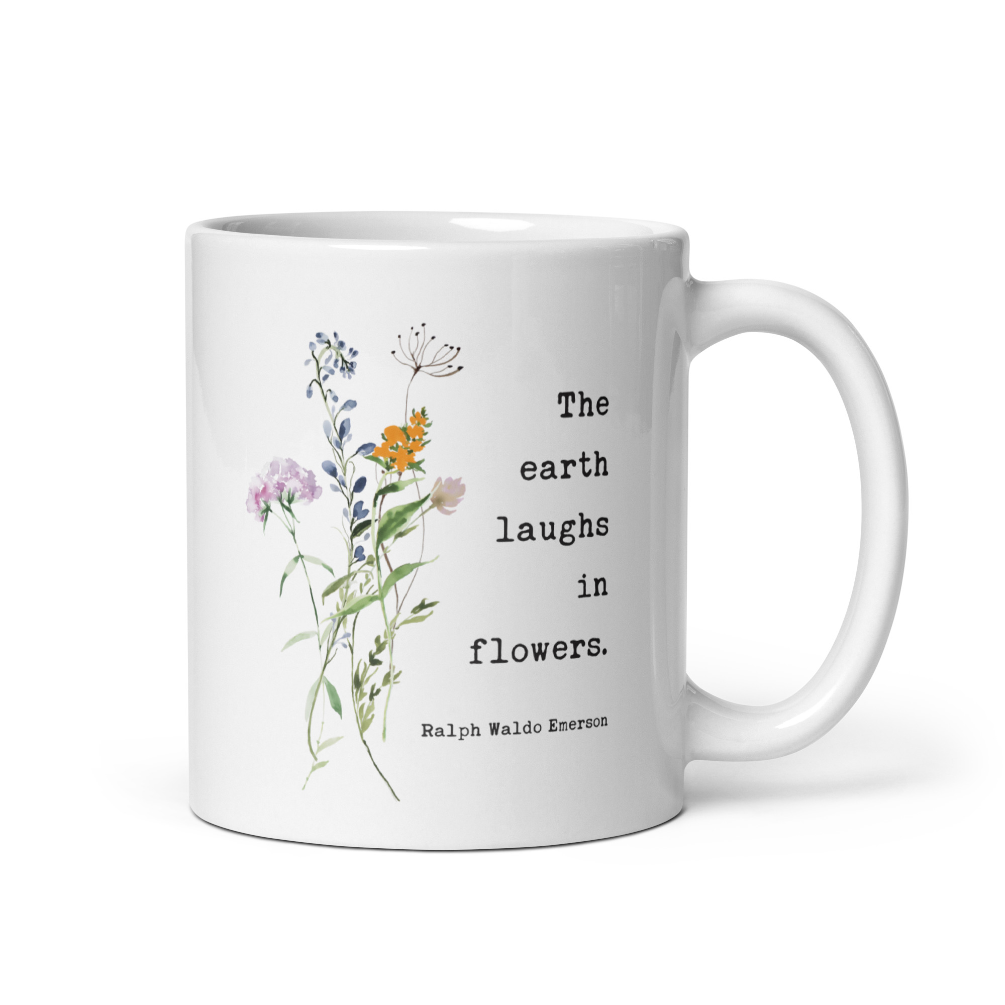 Ralph Waldo Emerson Quote – The Earth Laughs In Flowers Coffee Tea Mug featuring a bouquet of wildflowers. - Image 2