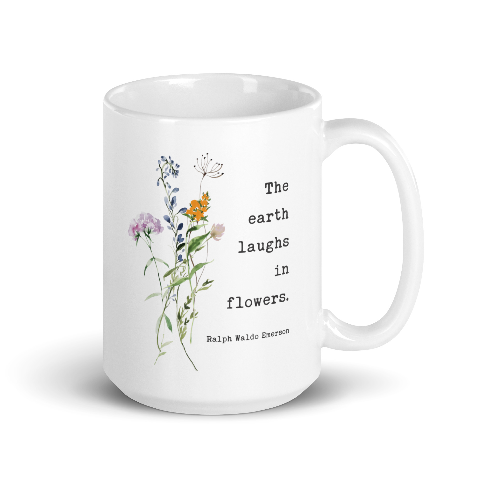 Ralph Waldo Emerson Quote – The Earth Laughs In Flowers Coffee Tea Mug featuring a bouquet of wildflowers.