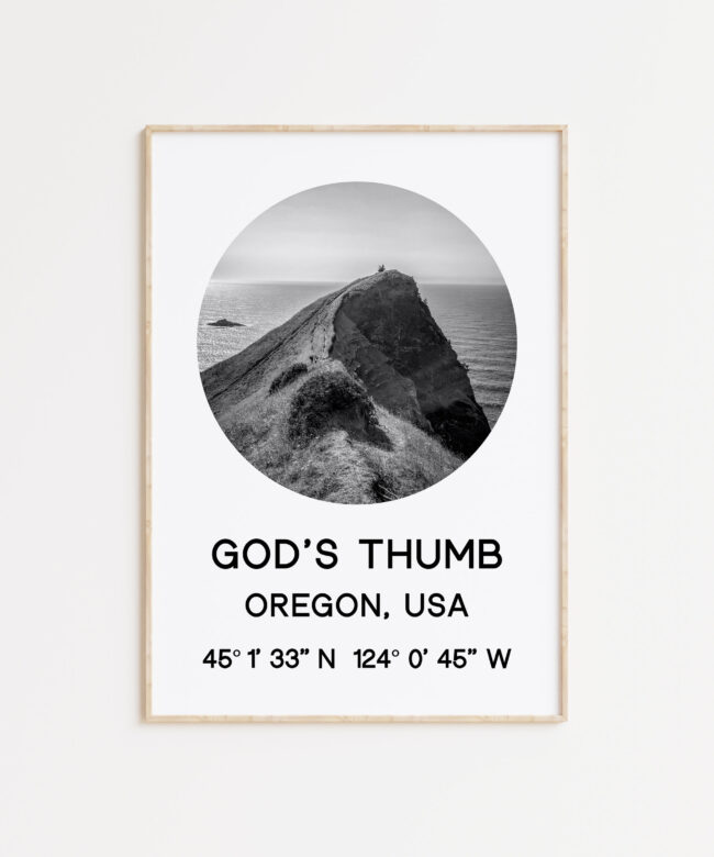 God's Thumb, Oregon with GPS Coordinates Art Print