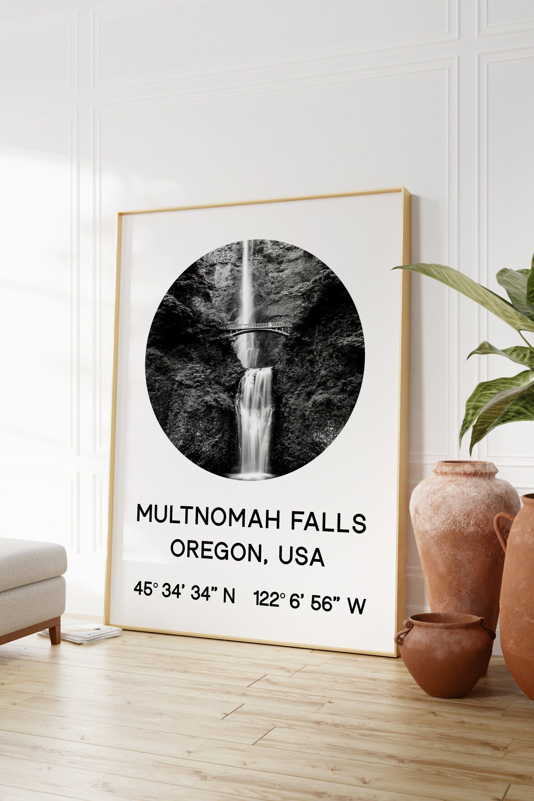 Multnomah Falls, Oregon with GPS Coordinates Art Print